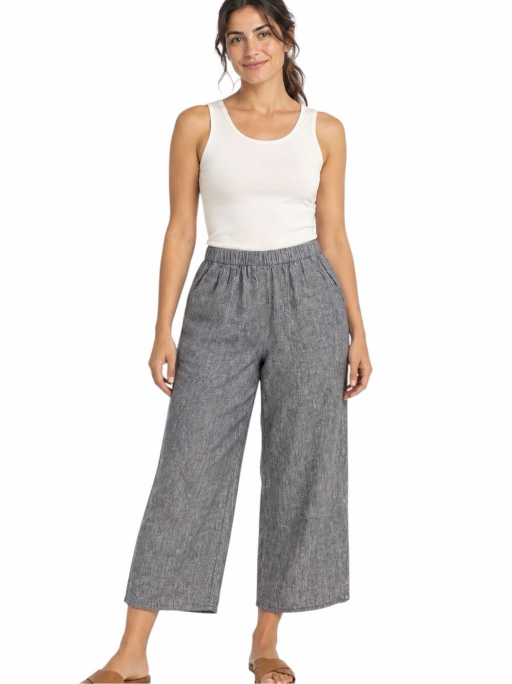 FLAX NWT Linen Pull On Wide Leg Cropped Pants Gray Elastic Waist Large